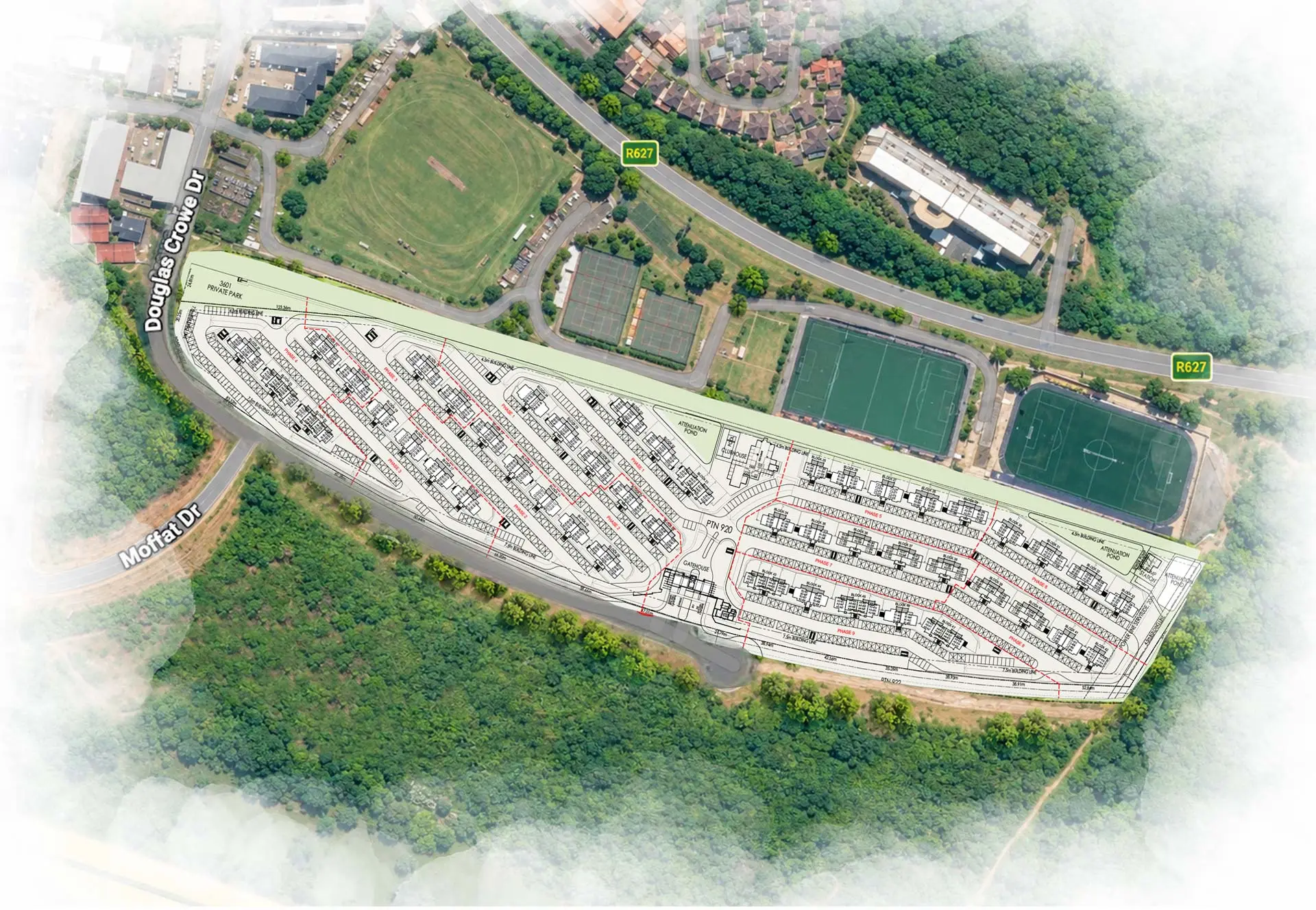 Aerial view of Ballito Village with the site plan overlaid